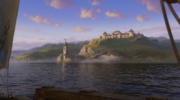 Movie still from “Shrek the Third” (2007), directed by Raman Hui – A painting of a castle on top of a hill overlooking a body of water; Extreme Wide shot, Low angle