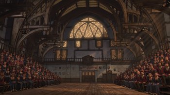 Movie still from “Shrek the Third” (2007), directed by Raman Hui – An audience is in the middle of an auditorium; Extreme Wide shot, Low angle