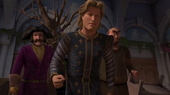 Movie still from “Shrek the Third” (2007), directed by Raman Hui – A man in medieval garb standing in front of a group of people; Medium shot, Over the shoulder angle
