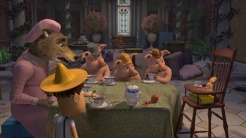 Movie still from “Shrek the Third” (2007), directed by Raman Hui – A group of pigs sitting at a table in a living room; Wide shot, High angle