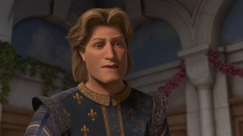 Movie still from “Shrek the Third” (2007), directed by Raman Hui – A man with long blonde hair wearing a blue and gold outfit; Close Up shot, Over the shoulder angle