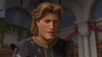 Movie still from “Shrek the Third” (2007), directed by Raman Hui – A man with long blonde hair wearing a blue and gold shirt; Close Up shot, Low angle
