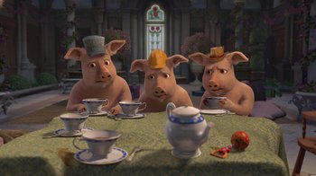 Movie still from “Shrek the Third” (2007), directed by Raman Hui – A group of pigs sitting at a table with tea cups on it; Medium shot, High angle