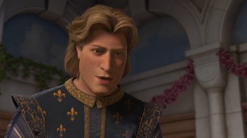 Movie still from “Shrek the Third” (2007), directed by Raman Hui – A man with blonde hair wearing a blue and gold outfit; Close Up shot, Over the shoulder angle