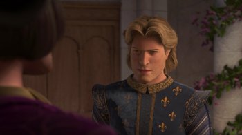 Movie still from “Shrek the Third” (2007), directed by Raman Hui – A man with blonde hair wearing a blue and gold outfit; Medium shot, Over the shoulder angle