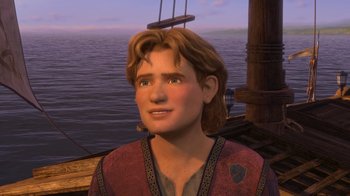 Movie still from “Shrek the Third” (2007), directed by Raman Hui – A man in a red shirt is on a boat in front of the ocean; Close Up shot, High angle
