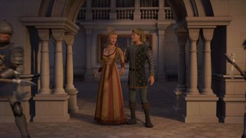 Movie still from “Shrek the Third” (2007), directed by Raman Hui – A man and a woman dressed in medieval clothing; Wide shot, High angle