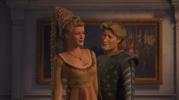 Movie still from “Shrek the Third” (2007), directed by Raman Hui – A man and a woman standing next to each other; Medium shot, Over the shoulder angle