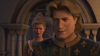Movie still from “Shrek the Third” (2007), directed by Raman Hui – A man and a woman are standing next to each other; Close Up shot, Over the shoulder angle