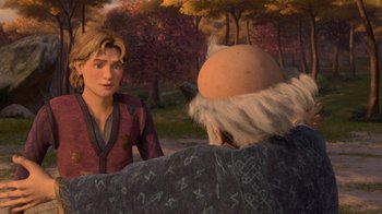 Movie still from “Shrek the Third” (2007), directed by Raman Hui – An animated scene of a man and a woman in the woods; Medium shot, Over the shoulder angle