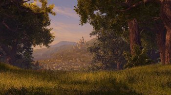 Movie still from “Shrek the Third” (2007), directed by Raman Hui – An image of a castle in the background of a beautiful landscape; Extreme Wide shot, Low angle