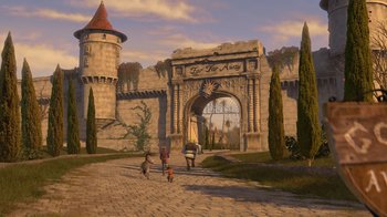 Movie still from “Shrek the Third” (2007), directed by Raman Hui – A group of people walking down a road near a castle; Extreme Wide shot, High angle