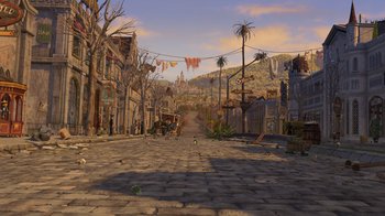 Movie still from “Shrek the Third” (2007), directed by Raman Hui – An old town with a horse drawn carriage on the street; Extreme Wide shot, High angle