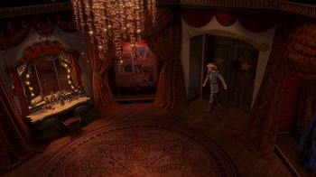 Movie still from “Shrek the Third” (2007), directed by Raman Hui – A person standing in front of an entrance to a room; Extreme Wide shot, High angle