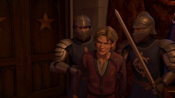 Movie still from “Shrek the Third” (2007), directed by Raman Hui – A man and a woman are standing next to each other; Medium shot, Over the shoulder angle