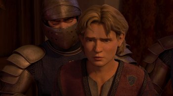 Movie still from “Shrek the Third” (2007), directed by Raman Hui – A man in a suit of armor and a man in a suit of armor; Close Up shot, Over the shoulder angle