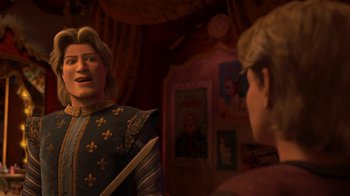 Movie still from “Shrek the Third” (2007), directed by Raman Hui – Two people are talking to each other in a dark room; Medium shot, Over the shoulder angle