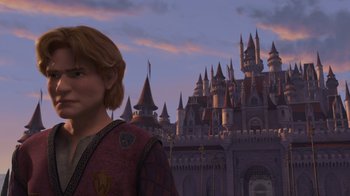 Movie still from “Shrek the Third” (2007), directed by Raman Hui – A woman standing in front of a large castle; Medium shot, Low angle