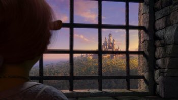 Movie still from “Shrek the Third” (2007), directed by Raman Hui – A girl looking out of a window at a castle; Extreme Wide shot, Over the shoulder angle