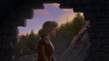 Movie still from “Shrek the Third” (2007), directed by Raman Hui – A woman standing in front of a rock wall; Wide shot, Over the shoulder angle