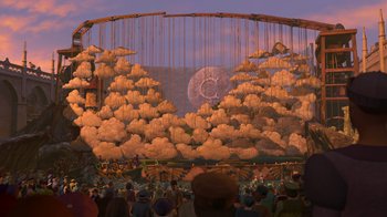 Movie still from “Shrek the Third” (2007), directed by Raman Hui – A crowd of people standing around a large screen; Extreme Wide shot, Low angle