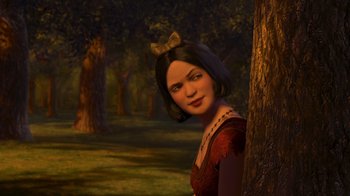 Movie still from “Shrek the Third” (2007), directed by Raman Hui – A woman with a bow on her head standing next to a tree; Medium shot, Over the shoulder angle