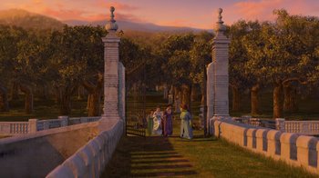 Movie still from “Shrek the Third” (2007), directed by Raman Hui – A painting of three people standing in front of a gate; Extreme Wide shot, High angle