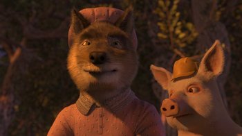 Movie still from “Shrek the Third” (2007), directed by Raman Hui – Two animated pigs standing next to each other; Close Up shot, High angle