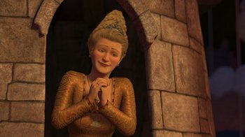 Movie still from “Shrek the Third” (2007), directed by Raman Hui – A woman in a yellow dress is standing in front of a stone wall; Medium shot, Over the shoulder angle