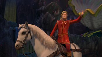 Movie still from “Shrek the Third” (2007), directed by Raman Hui – A man in a red suit riding on a white horse; Wide shot, High angle