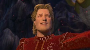 Movie still from “Shrek the Third” (2007), directed by Raman Hui – A man in a red outfit is crying; Close Up shot, Low angle