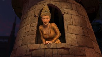 Movie still from “Shrek the Third” (2007), directed by Raman Hui – A woman in a yellow dress is looking out a window; Medium shot, High angle