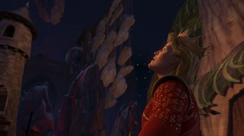 Movie still from “Shrek the Third” (2007), directed by Raman Hui – A woman in a red sweater looking up at the sky; Medium shot, Low angle