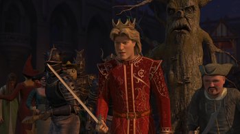 Movie still from “Shrek the Third” (2007), directed by Raman Hui – A man in a red outfit and a crown holding a sword; Medium shot, Over the shoulder angle