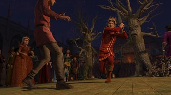 Movie still from “Shrek the Third” (2007), directed by Raman Hui – A group of people standing on a wooden floor; Wide shot, High angle