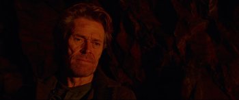 Movie still from “Siberia” (2020), directed by Abel Ferrara – A person wearing a jacket; Close Up shot, Over the shoulder angle