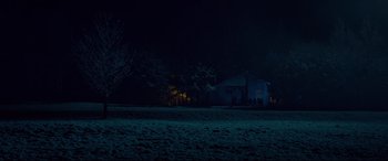 Movie still from “Siberia” (2020), directed by Abel Ferrara – A house in the middle of a field at night; Extreme Wide shot, Low angle