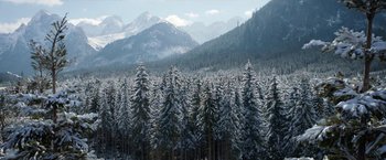 Movie still from “A Boy Called Christmas” (2021), directed by Gil Kenan – A view of a forest with snow on the trees; Extreme Wide shot, High angle