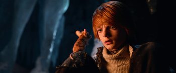Movie still from “A Boy Called Christmas” (2021), directed by Gil Kenan – A boy and a mouse in a dark room; Close Up shot, Low angle
