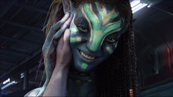 Movie still from “Side by Side” (2012), directed by Christopher Kenneally – A person with a body paint and a hand touching the face of another person; Close Up shot, Overhead angle