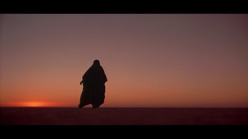 Movie still from “Side by Side” (2012), directed by Christopher Kenneally – A person standing in the desert at sunset; Extreme Wide shot, Low angle