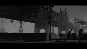 Movie still from “Side by Side” (2012), directed by Christopher Kenneally – A black - and - white photo of a bridge in the fog; Wide shot, Low angle
