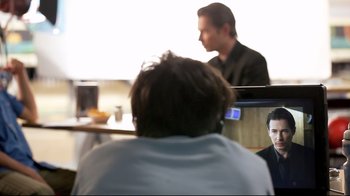 Movie still from “Side by Side” (2012), directed by Christopher Kenneally – A man sitting in front of a mirror and another man standing in front of him; Medium shot, Over the shoulder angle