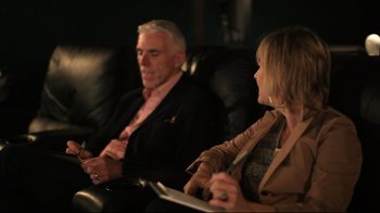 Movie still from “Side by Side” (2012), directed by Christopher Kenneally – A man and a woman sitting on a leather couch; Medium shot, High angle