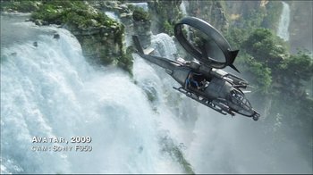 Movie still from “Side by Side” (2012), directed by Christopher Kenneally – A helicopter flying over a waterfall in the air; Extreme Wide shot, High angle