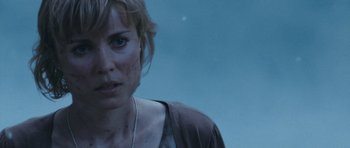 Movie still from “Silent Hill” (2006), directed by Christophe Gans – A woman's face in a blue sky; Close Up shot, Over the shoulder angle