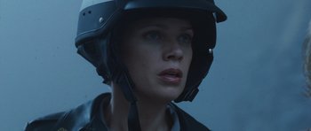 Movie still from “Silent Hill” (2006), directed by Christophe Gans – A person wearing a motorcycle helmet; Close Up shot, Low angle