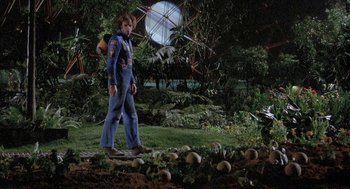 Movie still from “Silent Running” (1972), directed by Douglas Trumbull – A man standing in front of a field of mushrooms; Wide shot, Low angle