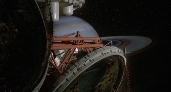 Movie still from “Silent Running” (1972), directed by Douglas Trumbull – A view of a space station from the bottom of a telescope; Extreme Wide shot, Overhead angle