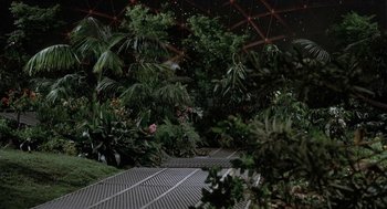 Movie still from “Silent Running” (1972), directed by Douglas Trumbull – A large indoor garden with lots of plants; Extreme Wide shot, High angle